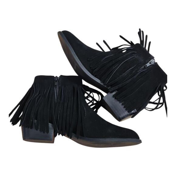 Steve Madden FLIRT Suede Leather Fringe Black Ankle Bootie Boots Size Women 6.5 - Picture 2 of 10